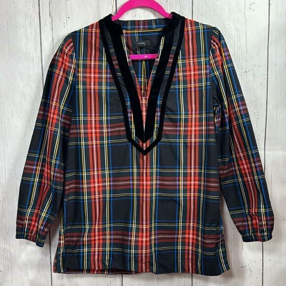 J.Crew Plaid Velvet Trim Blouse Preppy Holiday Classic Academia Chic Layering - Picture 5 of 15